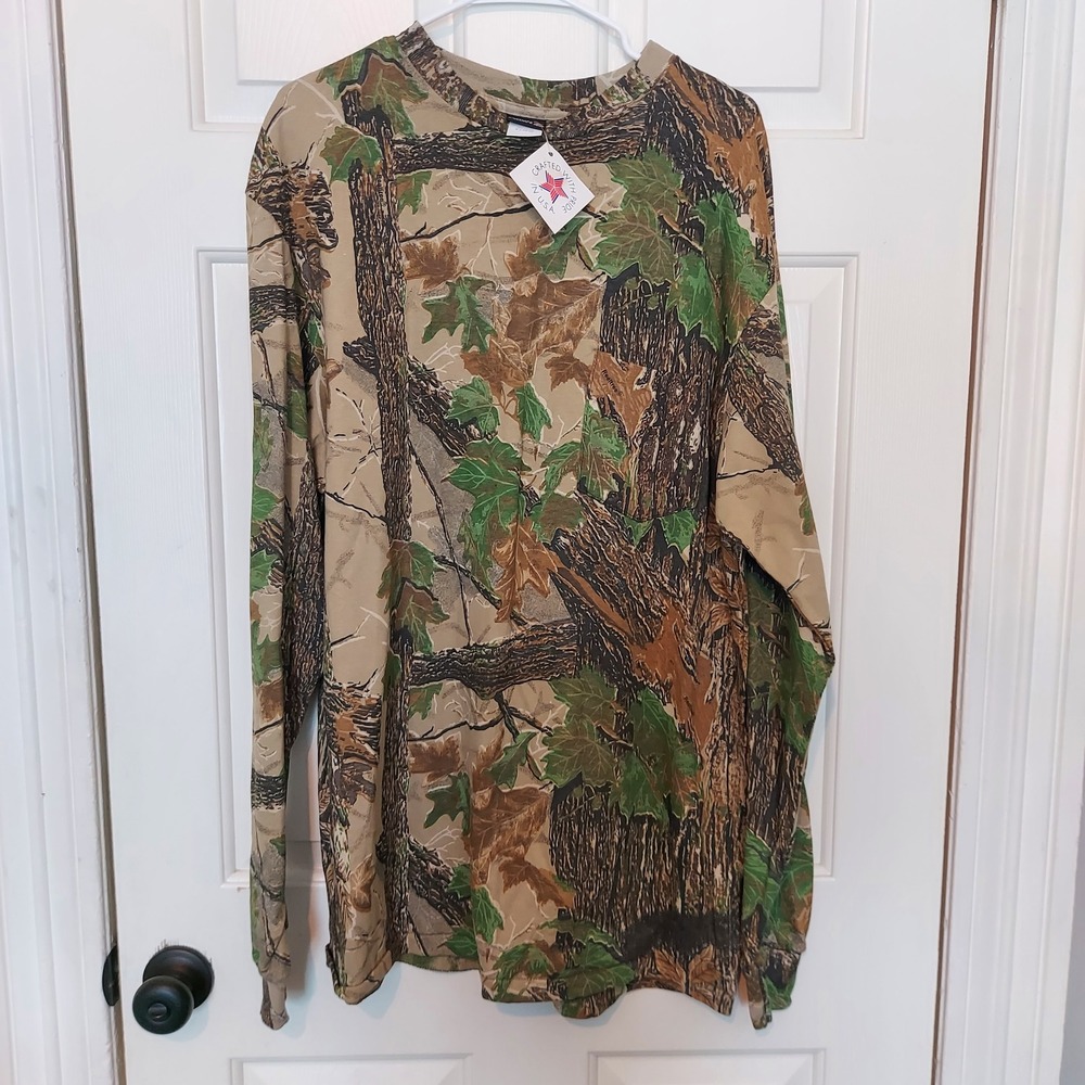 Vintage Rattlers Brand Men XL Camo Long Sleeve Shirt Woodland Hunting Cotton USA